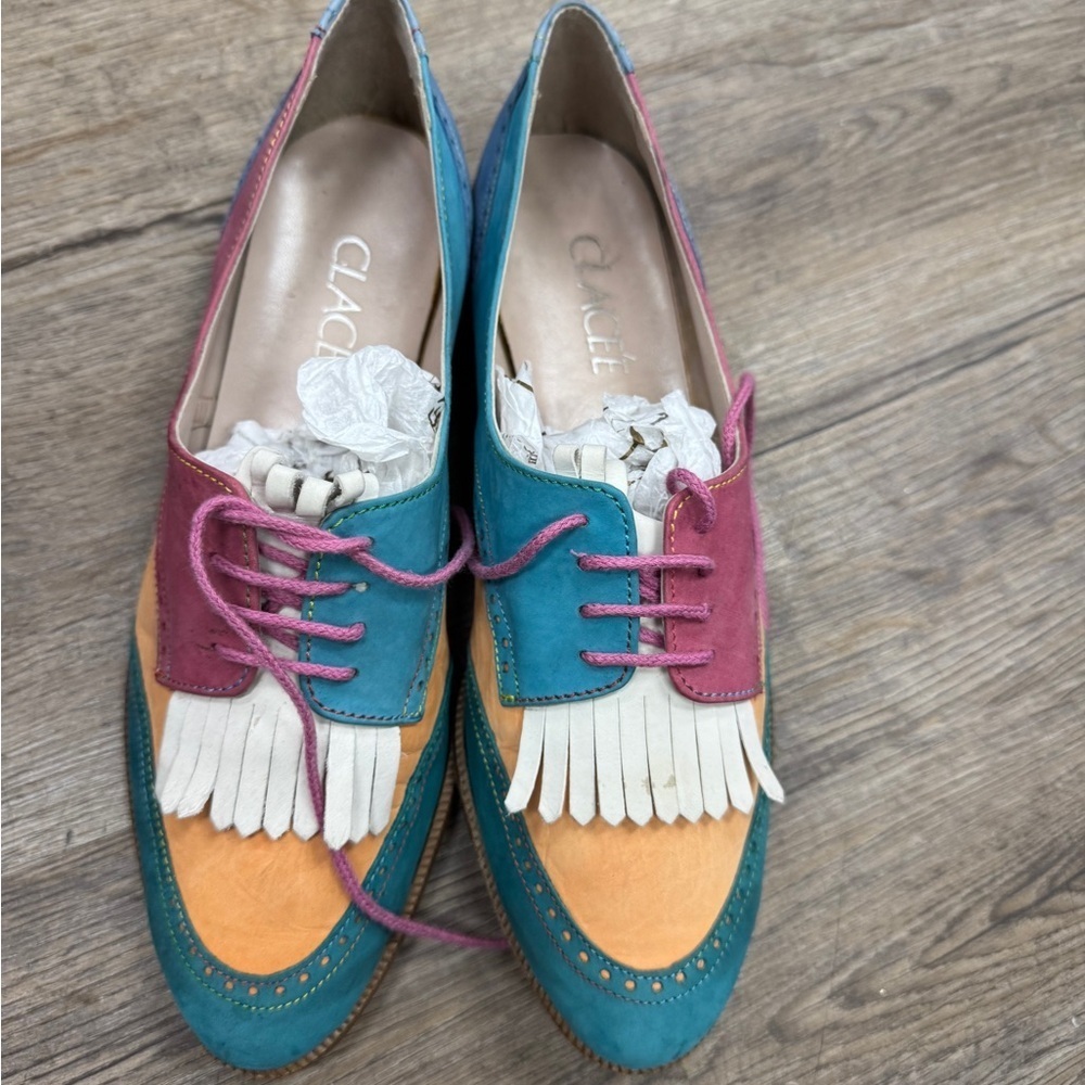 Glacee Blue Pink Flats with Fringe Detail